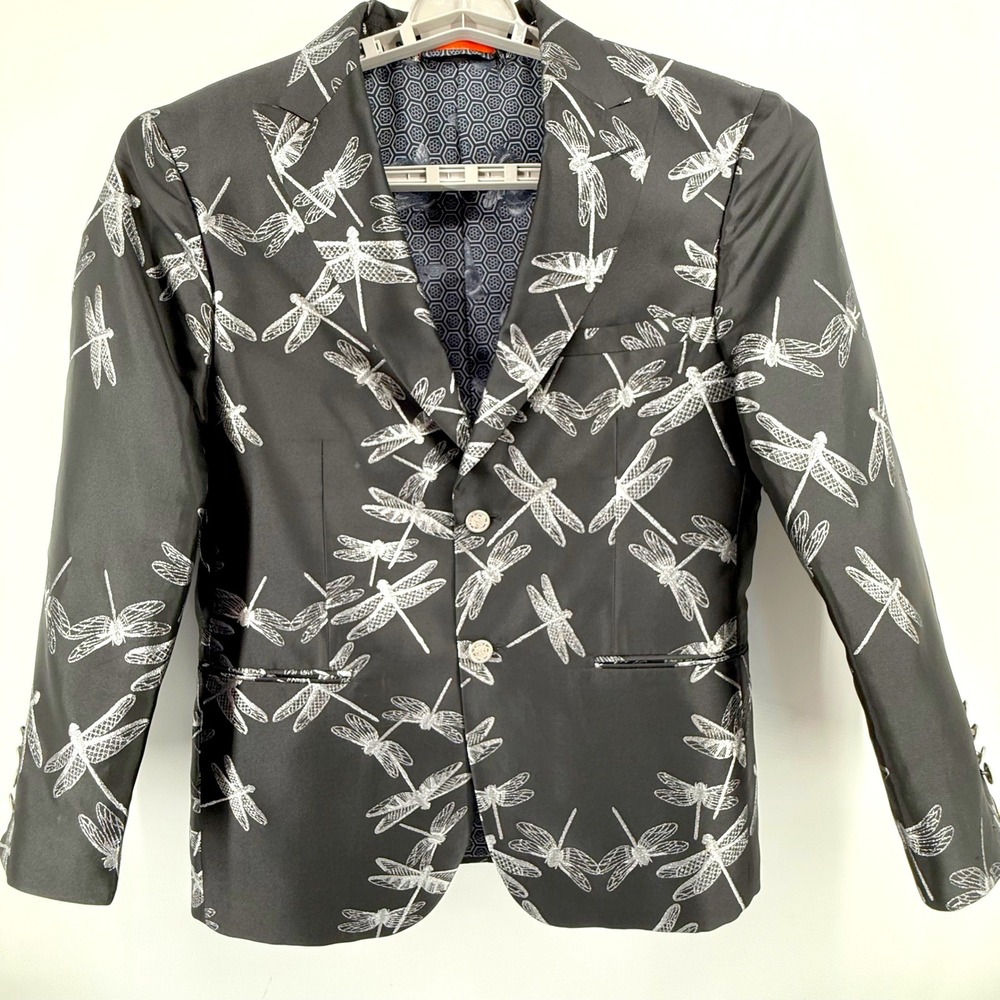 TALLIA Dragonfly Print Blazer Dinner Jacket Mens 40S Black Silver Festive - Picture 2 of 13